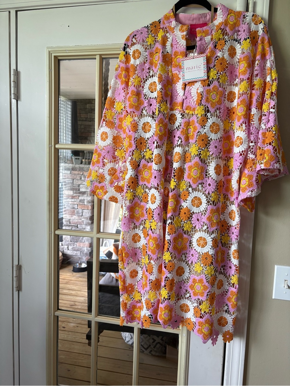 NWT Marie by Victoria Dunn Pink, Orange & White Floral Crochet Midi Dress w slip